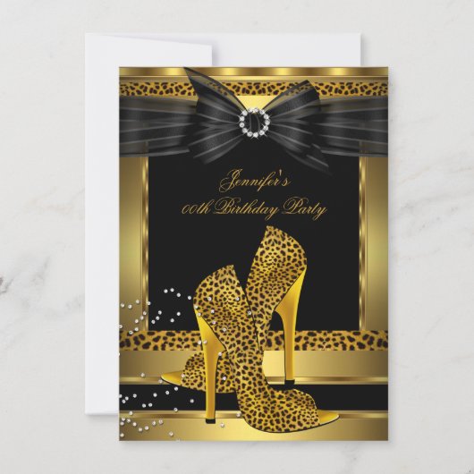 金ゴールドヒョウハイヒールシューブラック誕生日パーティー 招待状 (正面)