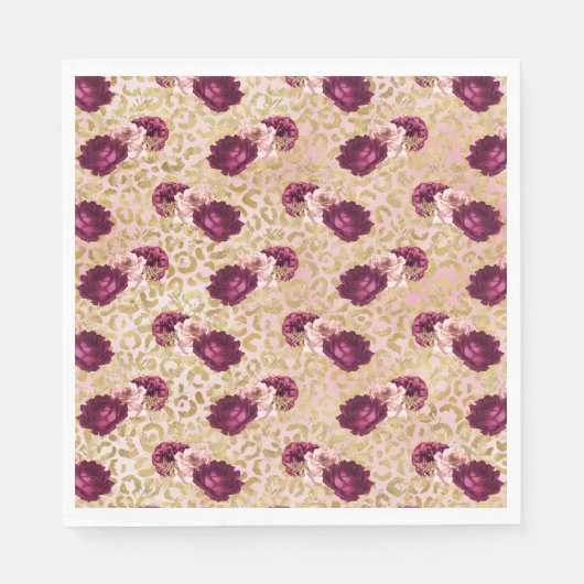 金ゴールドヒョウ印刷ピンクローズ花模様 スタンダードランチョンナプキン (正面)