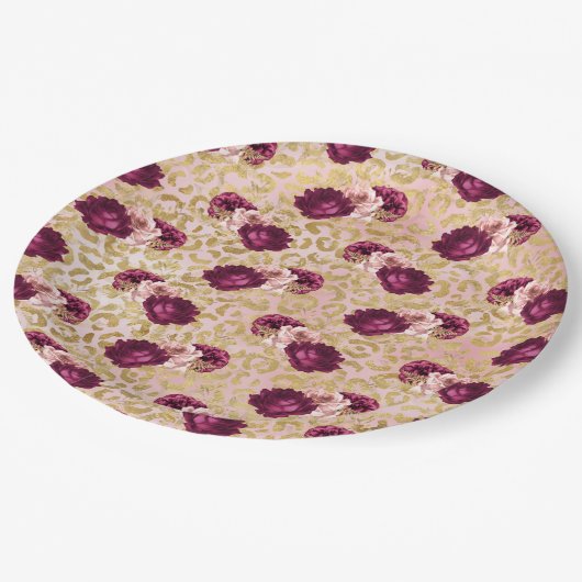 金ゴールドヒョウ印刷ピンクローズ花模様 ペーパープレート (アングル)