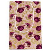 金ゴールドヒョウ印刷ピンクローズ花模様 ミディアムペーパーバッグ (正面)