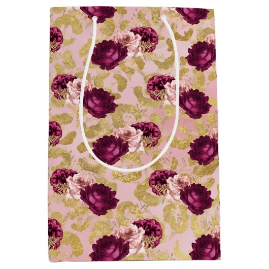 金ゴールドヒョウ印刷ピンクローズ花模様 ミディアムペーパーバッグ (正面)