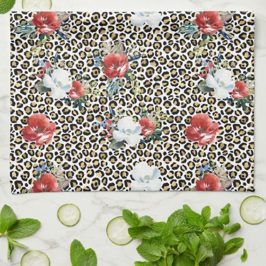 金ゴールドヒョウ印刷用レッドホワイトフローラ キッチンタオル (折り畳み)