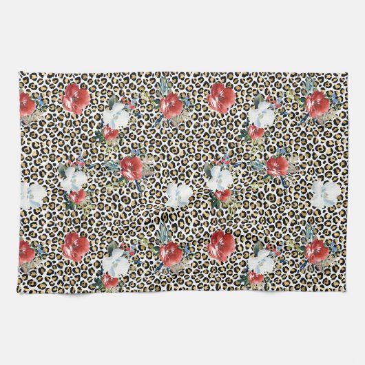 金ゴールドヒョウ印刷用レッドホワイトフローラ キッチンタオル (横)