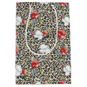 金ゴールドヒョウ印刷用レッドホワイトフローラ ミディアムペーパーバッグ (正面)