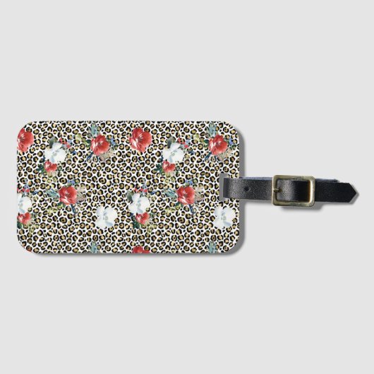 金ゴールドヒョウ印刷用レッドホワイトフローラ ラゲッジタグ (正面横)