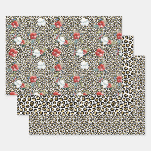 金ゴールドヒョウ印刷用レッドホワイトフローラ ラッピングペーパーシート
