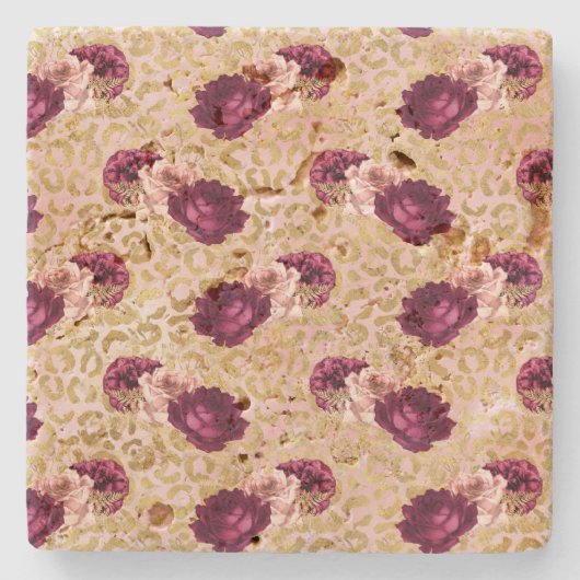 金ゴールドヒョウ柄ピンクローズフローラ ストーンコースター (正面)