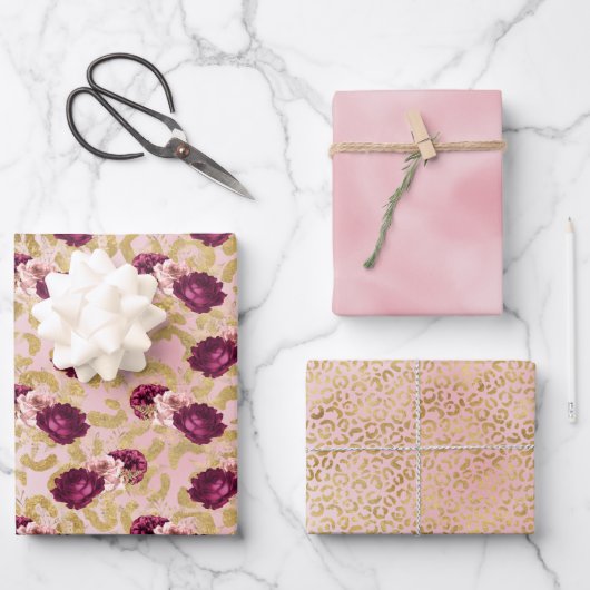 金ゴールドヒョウ柄ピンクローズフローラ ラッピングペーパーシート (正面)