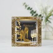 金ゴールドヒョウ黒ハイヒールシューズ誕生日 招待状 (スタンド正面)