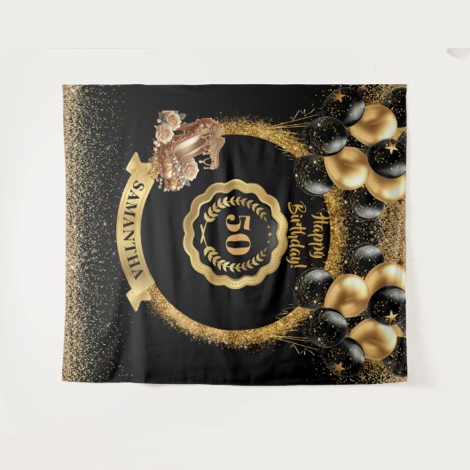 金ゴールドヒール黒いバルーン50誕生日標識 タペストリー (正面(横))