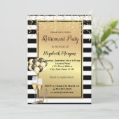 金ゴールドヒール、ガラス、バルーン、ストライプ退職パーティー 招待状 (スタンド正面)