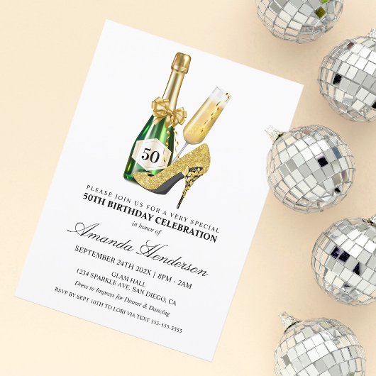 金ゴールドヒール&シャンパンウィメンズ誕生日 招待状