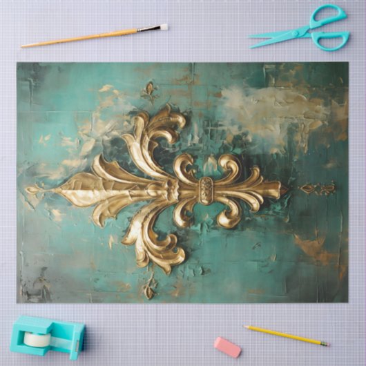 金ゴールドビクトリアンオーナメントエメラルドグリーンヴィンテージ 薄葉紙 (クラフト)