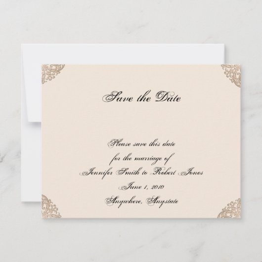 金ゴールドビクトリアンフィリグリー結婚式の日付の保存 セーブザデート (正面)