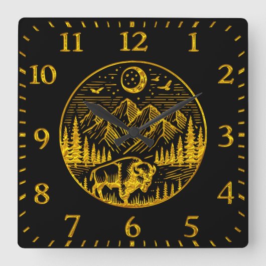 金ゴールドビソンが月明かりの山の空を徘徊 スクエア壁時計 (正面)
