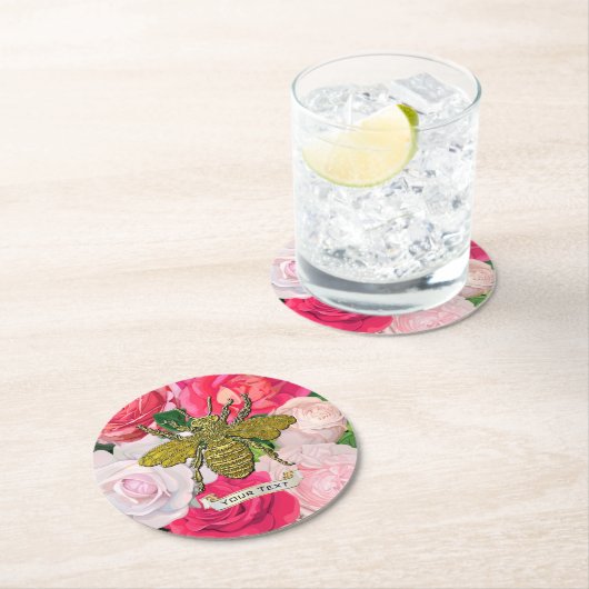 金ゴールドビーとバラの個人設定 ラウンドペーパーコースター (インサイチュ)