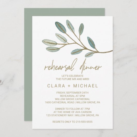 金ゴールドビーントユーカリのリハーサルディナー 招待状 (正面/裏面)