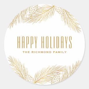 金ゴールドピネコーンと松の針ホリデーステッカー ラウンドシール