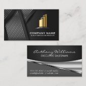 金ゴールドピラーロゴ | ストライプリボンの背景 名刺 (正面/裏面)