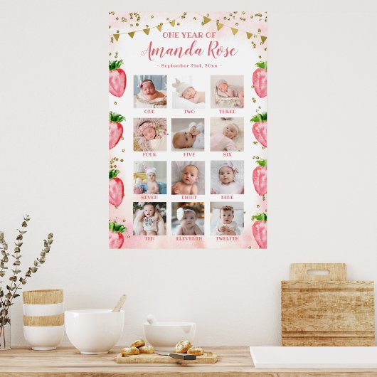 金ゴールドピンクいちご1年目のフォトコラージュ ポスター (キッチン)