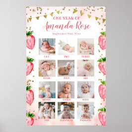 金ゴールドピンクいちご1年目のフォトコラージュ ポスター