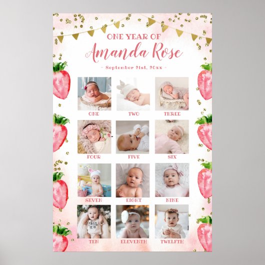 金ゴールドピンクいちご1年目のフォトコラージュ ポスター (正面)