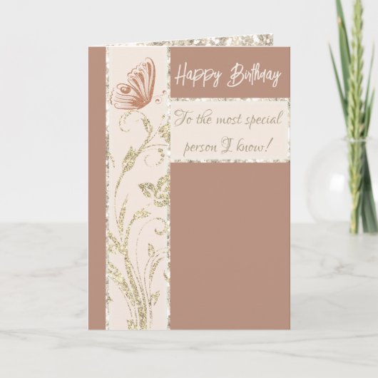 金ゴールドピンクきらめくバタフライフォト誕生日 カード (正面)