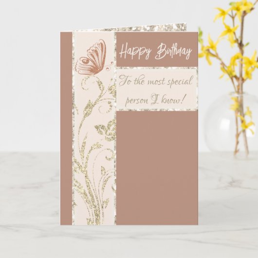 金ゴールドピンクきらめくバタフライフォト誕生日 カード (黄色い花)