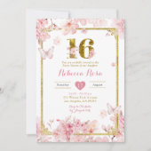 金ゴールドピンクさくらんぼブロッサムフローラガールスウィート16 招待状 (正面)