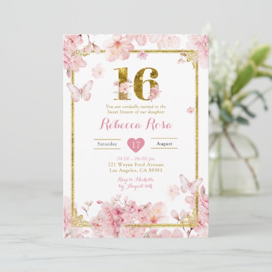 金ゴールドピンクさくらんぼブロッサムフローラガールスウィート16 招待状 (スタンド正面)