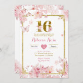 金ゴールドピンクさくらんぼブロッサムフローラガールスウィート16 招待状 (正面/裏面)