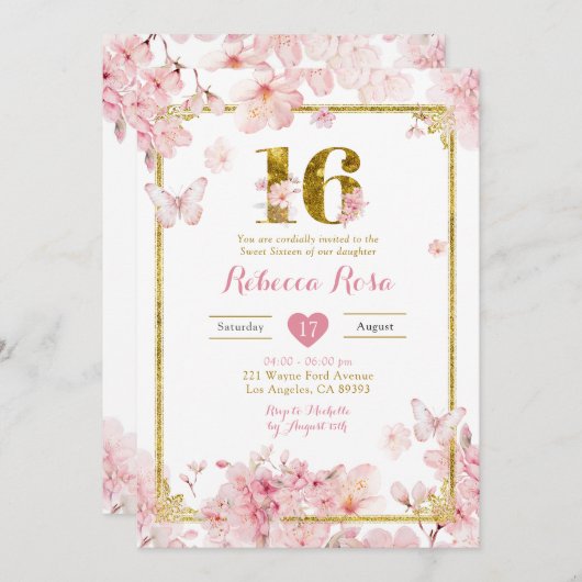 金ゴールドピンクさくらんぼブロッサムフローラガールスウィート16 招待状 (正面/裏面)