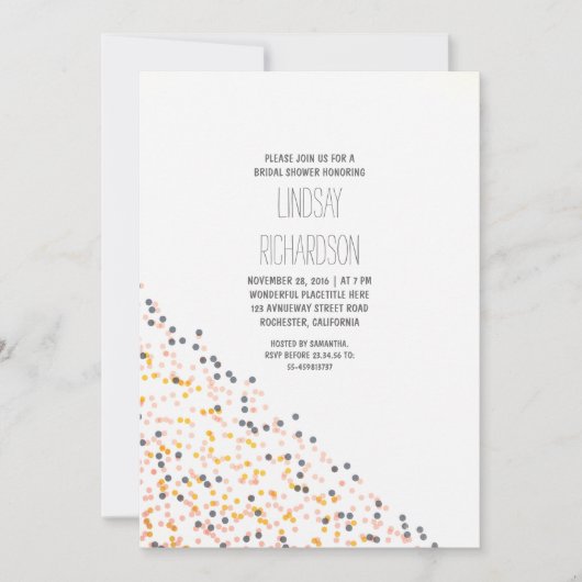 金ゴールドピンクとネイビーの紙吹雪ブライダルシャワー 招待状 (正面)