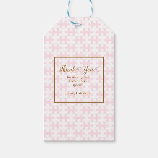 金ゴールドピンクとホワイトパズル市松模様にスイーツ16 ギフトタグ (正面)