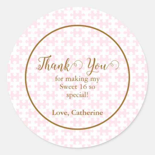 金ゴールドピンクとホワイトパズル市松模様にスイーツ16 ラウンドシール (正面)