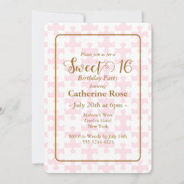 金ゴールドピンクとホワイトパズル市松模様にスイーツ16 招待状