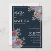 金ゴールドピンクのネイビーブルーの水色フローラ結婚 招待状 (正面)