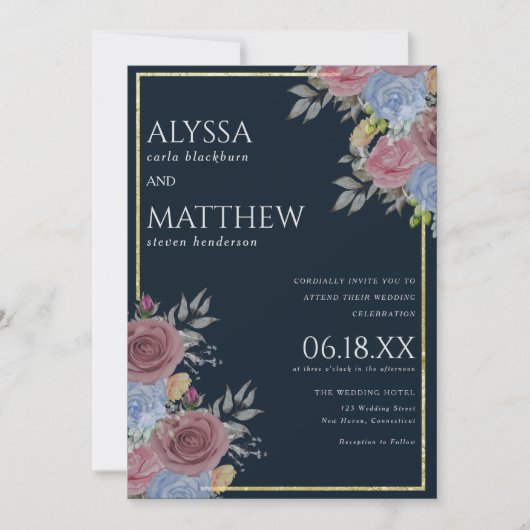 金ゴールドピンクのネイビーブルーの水色フローラ結婚 招待状 (正面)