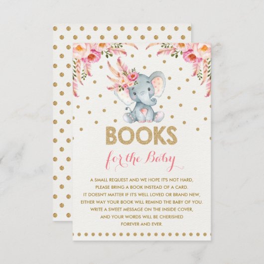 金ゴールドピンクのフローラゾウが本の挿入カードを持ってくる エンクロージャーカード (正面/裏面)