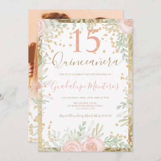金ゴールドピンクのフローラ水色キンセアニェラ写真 招待状 (正面/裏面)