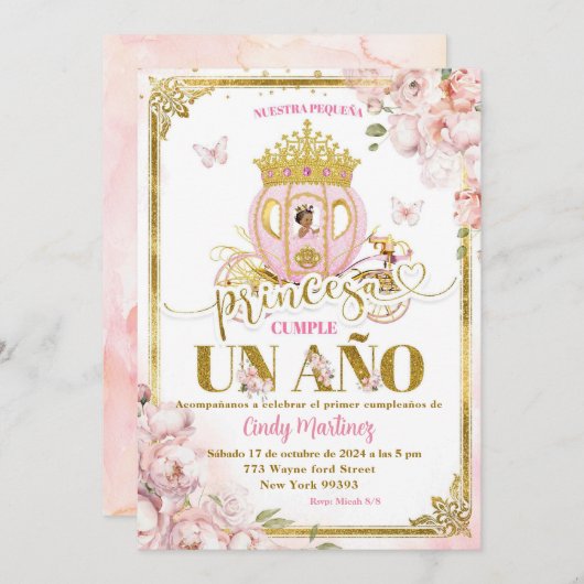 金ゴールドピンクのメキシコのウノプリンセサキャリッジの侵略 招待状 (正面/裏面)