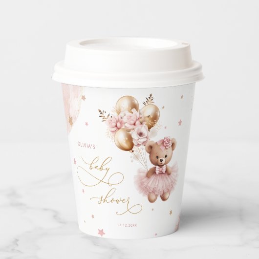 金ゴールドピンクの女の子の赤ちゃんシャワー私たちは心から待つことができる 紙コップ (正面)