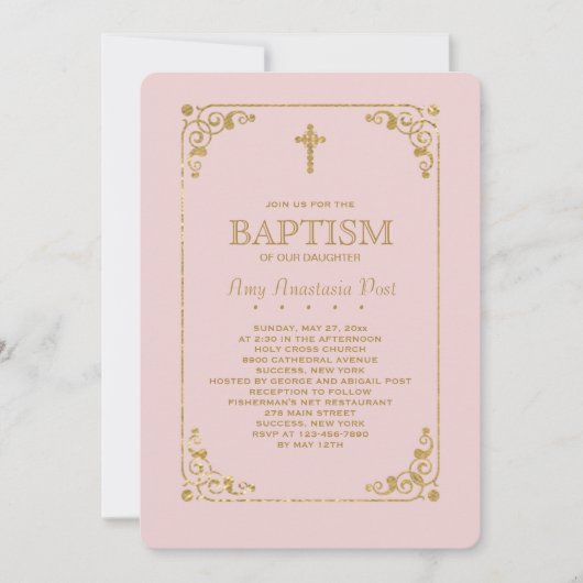金ゴールドピンクの宗教的招待状でトリミング 招待状 (正面)
