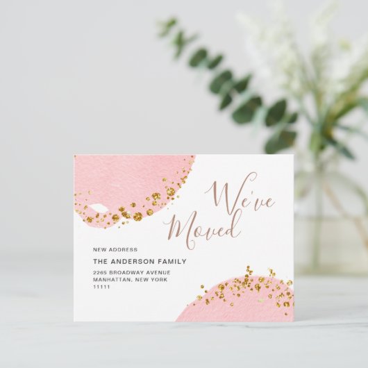 金ゴールドピンクの水の色の動きの発表 ポストカード (スタンド正面)