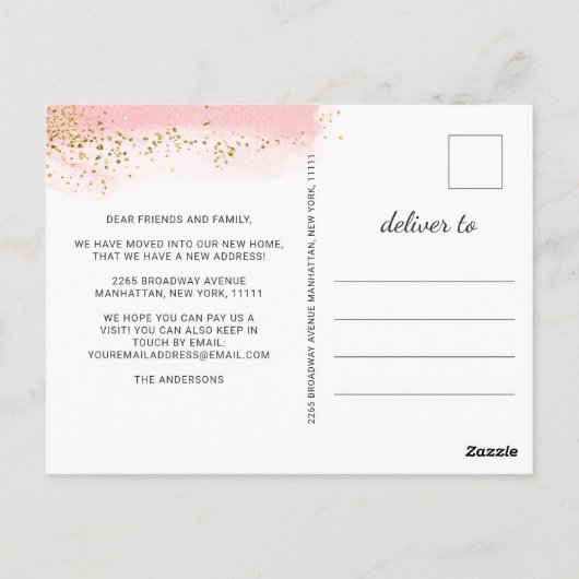 金ゴールドピンクの水の色の動きの発表 ポストカード (裏面)