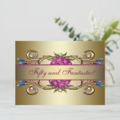 金ゴールドピンクの花女性50th誕生日パーティー 招待状 (スタンド正面)