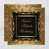 金ゴールドピンクの花女性50th誕生日パーティー 招待状 (正面/裏面)