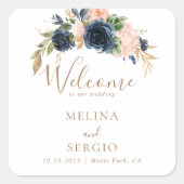 金ゴールドピンクの花結婚の歓迎 スクエアシール (正面)