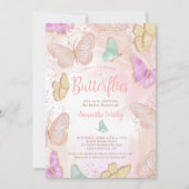 金ゴールドピンクの蝶の生涯ブライダルシャワー 招待状 (正面)