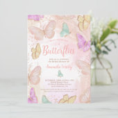 金ゴールドピンクの蝶の生涯ブライダルシャワー 招待状 (スタンド正面)